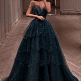 Tineit Elegant Ball Gown Straps Long Tulle Blue Prom Dress B  (PRE-ORDER)