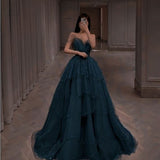 Tineit Elegant Ball Gown Straps Long Tulle Blue Prom Dress B  (PRE-ORDER)