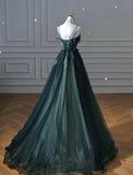 Tineit Elegant A line Dark Green Tulle Long Prom Dress B  (PRE-ORDER)