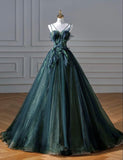 Tineit Elegant A line Dark Green Tulle Long Prom Dress B  (PRE-ORDER)