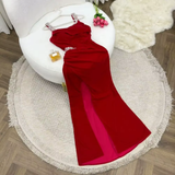 Tineit Elegant Sheath Straps Burgundy Satin Silver Beads Slit Long Prom Dresses Formal Dress (PRE-ORDER)