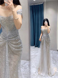 Tineit Pretty Mermaid Off The Shoulder Sequin Long Evening Dress Prom Dresses With Beads (PRE-ORDER)