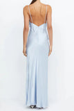 Tineit Blue Deep V-Neck Satin Sleeveless Sheath Long Formal Evening Dress BD  (PRE-ORDER)