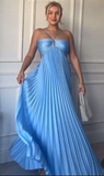 Tineit Simple A line Halter Blue Sleeveless Long Prom Dress Formal Evening Dresses BD  (PRE-ORDER)