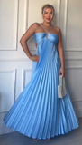 Tineit Simple A line Halter Blue Sleeveless Long Prom Dress Formal Evening Dresses BD  (PRE-ORDER)