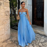 Tineit Simple A line Halter Blue Sleeveless Long Prom Dress Formal Evening Dresses BD  (PRE-ORDER)