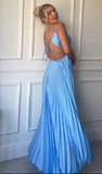 Tineit Simple A line Halter Blue Sleeveless Long Prom Dress Formal Evening Dresses BD  (PRE-ORDER)