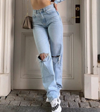 Tineit Blue Wash Straight Leg Knee Ripped Jeans