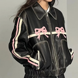 Tineit 2024 Fall Fashion Bow Embroidery Piping Details Leather Jacket