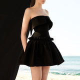 Tineit Vintage A Line Strapless Black Satin Cocktail Dresses Short Homecoming Dress (PRE-ORDER)