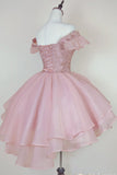 Tineit Pink Lace Homecoming Gown with Beading, Princess Off the Shoulder Hoco Dress (PRE-ORDER)