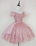 Tineit Pink Lace Homecoming Gown with Beading, Princess Off the Shoulder Hoco Dress (PRE-ORDER)