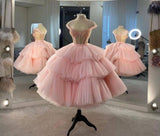 Tineit Ball Gown Puffy Straps Tiered Pink Tea Length Homecoming Dress (PRE-ORDER)