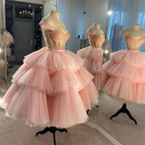 Tineit Ball Gown Puffy Straps Tiered Pink Tea Length Homecoming Dress (PRE-ORDER)