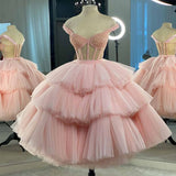 Tineit Ball Gown Puffy Straps Tiered Pink Tea Length Homecoming Dress (PRE-ORDER)