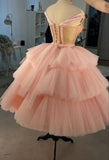 Tineit Ball Gown Puffy Straps Tiered Pink Tea Length Homecoming Dress (PRE-ORDER)