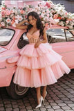 Tineit Ball Gown Puffy Straps Tiered Pink Tea Length Homecoming Dress (PRE-ORDER)