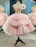 Tineit Ball Gown Puffy Straps Tiered Pink Tea Length Homecoming Dress (PRE-ORDER)