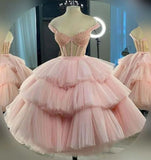 Tineit Ball Gown Puffy Straps Tiered Pink Tea Length Homecoming Dress (PRE-ORDER)