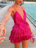 Tineit Unique Hot Pink Pleated V-neck Homecoming Dresses With Ruffle Skirt (PRE-ORDER)