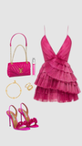 Tineit Unique Hot Pink Pleated V-neck Homecoming Dresses With Ruffle Skirt (PRE-ORDER)