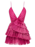 Tineit Unique Hot Pink Pleated V-neck Homecoming Dresses With Ruffle Skirt (PRE-ORDER)