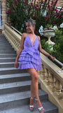 Tineit Unique A line Pleated V-neck Lilac Homecoming Dresses With Ruffle Skirt (PRE-ORDER)