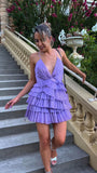 Tineit Unique A line Pleated V-neck Lilac Homecoming Dresses With Ruffle Skirt (PRE-ORDER)