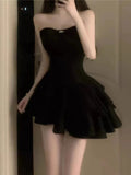 Tineit Modest Sheath Strapless Black Satin Homecoming Dress st Birthday Outfit (PRE-ORDER)