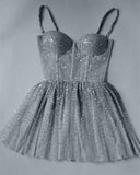 Tineit Cute Spaghetti Straps Glitter Sliver Short Homecoming Dress Birthday Outfit (PRE-ORDER)