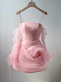 Tineit A Line Off The Shoulder Tulle Pink Homecoming Dress Birthday Outfit (PRE-ORDER)