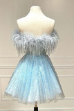 Tineit Strapless Blue Feather A-Line Short Homecoming Dress Birthday Outfit (PRE-ORDER)