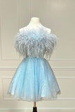 Tineit Strapless Blue Feather A-Line Short Homecoming Dress Birthday Outfit (PRE-ORDER)