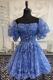 Tineit Cute Puff Sleeves Ruffles A-line Prints Homecoming Dress th Birthday Outfit (PRE-ORDER)