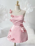 Tineit Cute A line Spaghetti Straps Satin Pink Homecoming Dress Party Dress (PRE-ORDER)