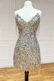 Tineit V Neck Lace-Up Sequins Tight Homecoming Dress with Tassels (PRE-ORDER)