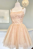 Tineit Straps Pink A-Line Tulle Homecoming Dress With Gold Stars (PRE-ORDER)