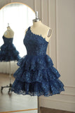 Tineit Dark Navy One Shoulder Appliques Multi-Layers Tulle Homecoming Dress (PRE-ORDER)