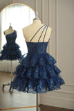 Tineit Dark Navy One Shoulder Appliques Multi-Layers Tulle Homecoming Dress (PRE-ORDER)