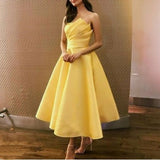 Tineit Ball Gown Strapless Satin Yellow Ankle Length Homecoming Dress Birthday Dresses (PRE-ORDER)