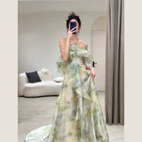 Tineit Elegant A Line Halter Chiffon Ombre Green Long Prom Dresses Evening Party Dress C(PRE-ORDER)