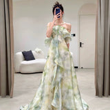 Tineit Elegant A Line Halter Chiffon Ombre Green Long Prom Dresses Evening Party Dress C(PRE-ORDER)