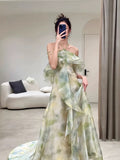 Tineit Elegant A Line Halter Chiffon Ombre Green Long Prom Dresses Evening Party Dress C(PRE-ORDER)