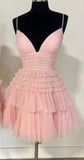 Tineit Straps V-neck Sparkly Tulle Homecoming Dress With Tiered Ruffle Skirt and Ruched Bodice Birthday Outfits (PRE-ORDER)