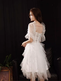 Tineit Cute A line Square Neckline Tulle Short Homecoming Dress White Hoco Dresses (PRE-ORDER)