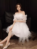 Tineit Cute A line Square Neckline Tulle Short Homecoming Dress White Hoco Dresses (PRE-ORDER)