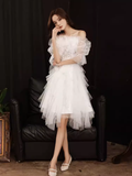 Tineit Cute A line Square Neckline Tulle Short Homecoming Dress White Hoco Dresses (PRE-ORDER)