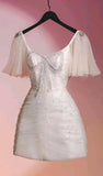 Tineit Pretty A line Short Sleeves White Homecoming Dress Short Cocktail Dress (PRE-ORDER)