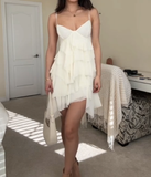 Tineit Cute A line Straps Ivory Short Chiffon Homecoming Dresses Cocktail Dress (PRE-ORDER)