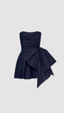 Tineit Cute Sheath Strapless Navy Blue Short Satin Homecoming Dresses Cocktail Dress With Bowknot (PRE-ORDER)